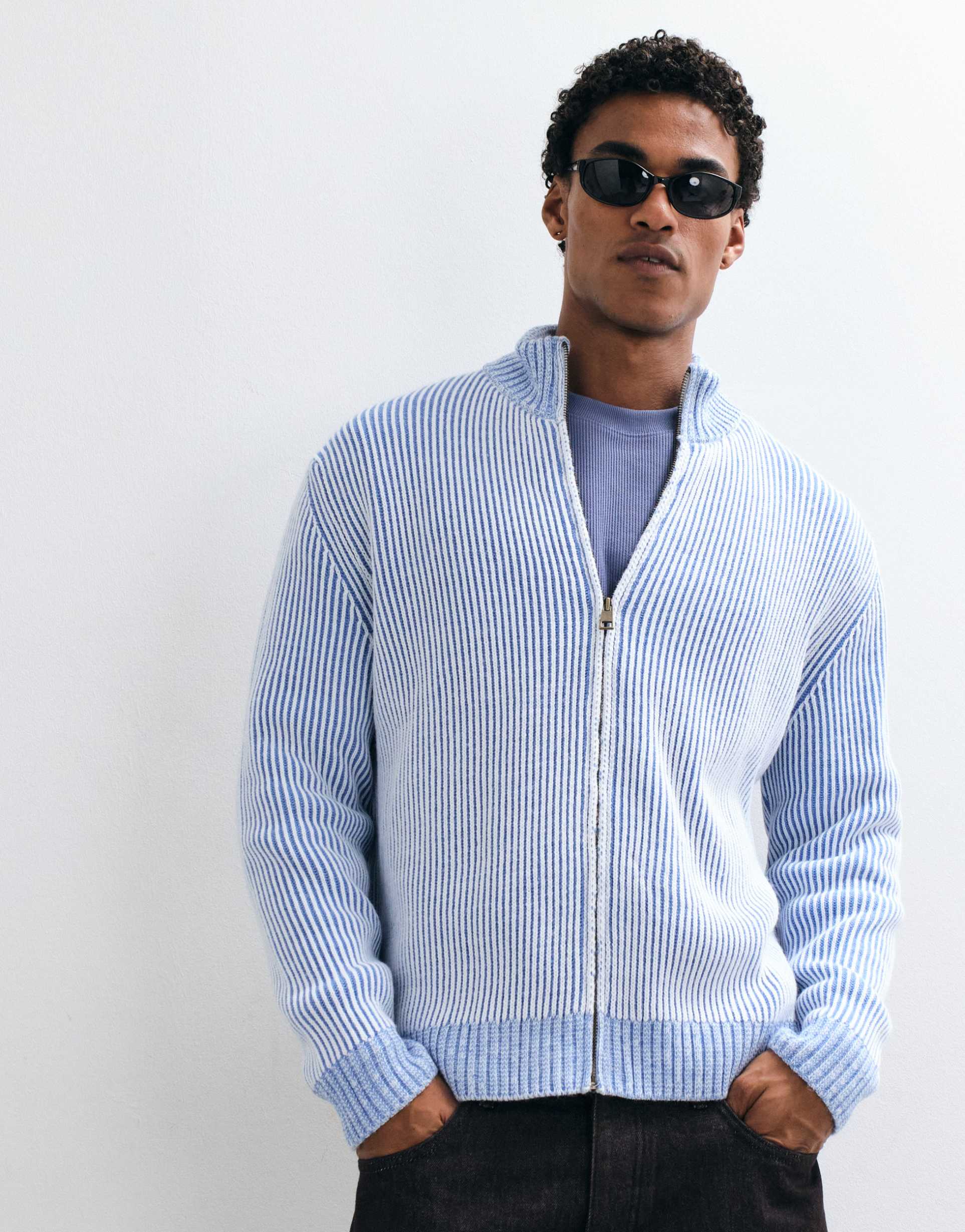 ASOS DESIGN knitted oversized zip through ribbed funnel neck in light blue