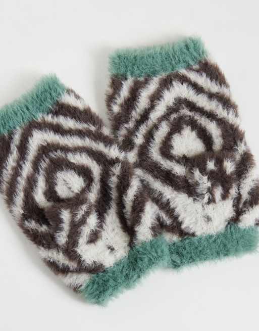 ASOS DESIGN knitted palm warmers in zebra with teal contrast edge, 3 of 3