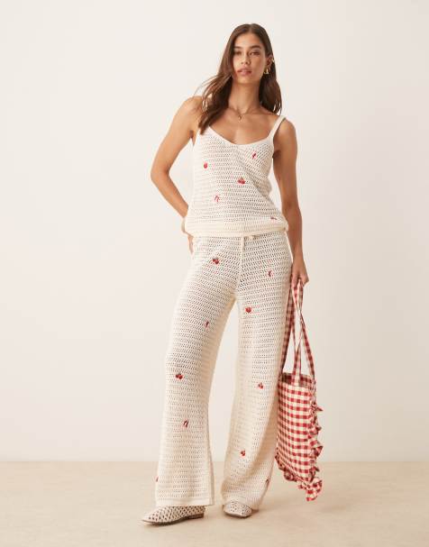 ASOS DESIGN knitted pants with fruit embroidery in ecru - view 1