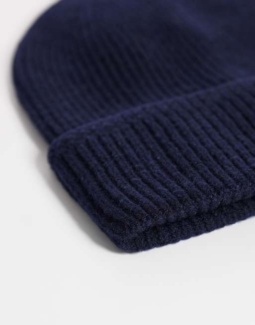 ASOS DESIGN knitted pattern edge ribbed beanie in navy, 2 of 3