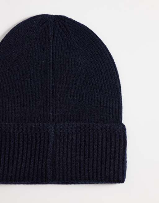 ASOS DESIGN knitted pattern edge ribbed beanie in navy, 3 of 3