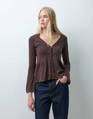 Asos Design Knitted Peplum Cardigan In Brown
