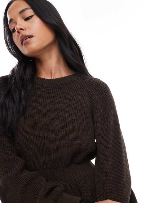 ASOS DESIGN knitted peplum jumper with cinch waist in brown