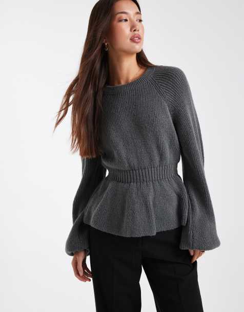 ASOS DESIGN knitted peplum jumper with cinch waist in charcoal grey - view 1