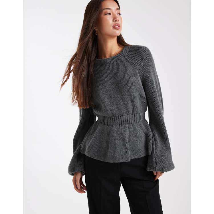 ASOS DESIGN knitted peplum jumper with cinch waist in charcoal