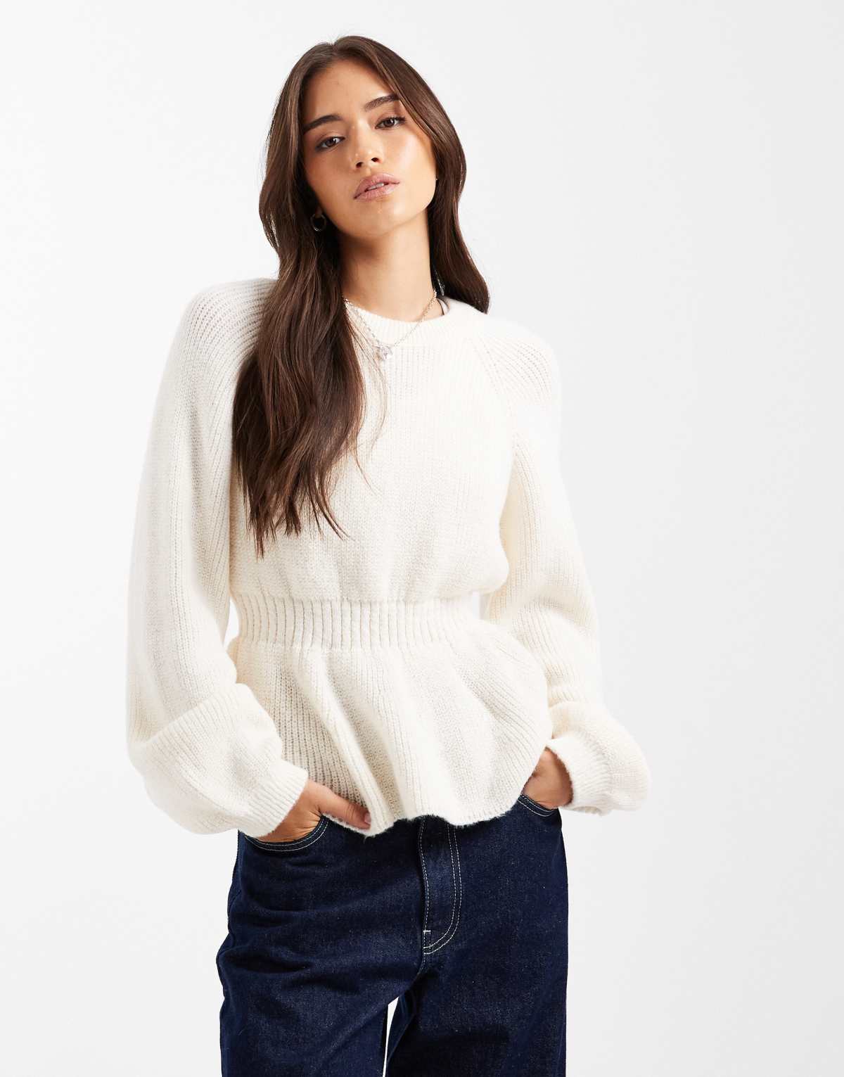 ASOS DESIGN knitted peplum jumper with cinch waist in ecru