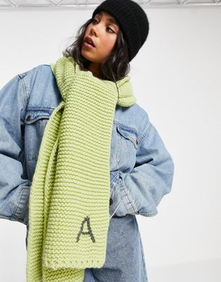 ASOS DESIGN knitted personalised scarf with A initial in green