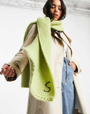 ASOS DESIGN knitted personalised scarf with S initial in green