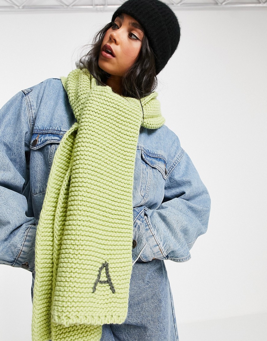 ASOS DESIGN knitted personalized scarf with A initial in green