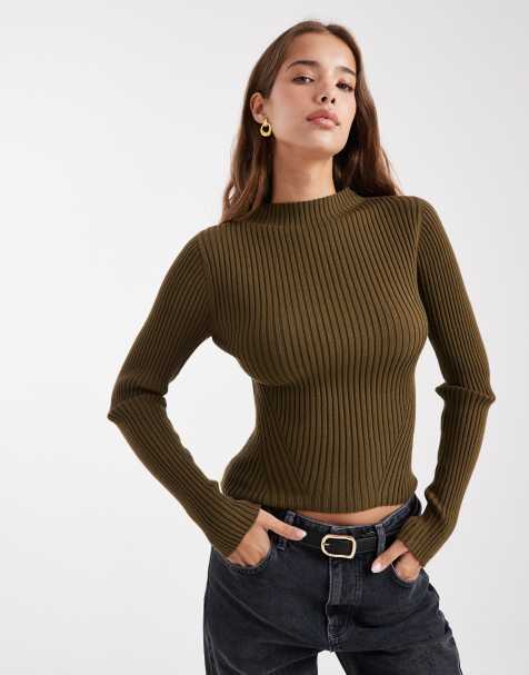 ASOS DESIGN knitted placement rib high neck top in olive - view 1