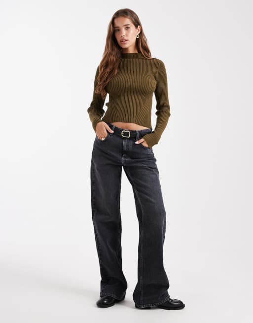 ASOS DESIGN knitted placement rib high neck top in olive