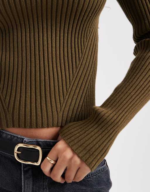 ASOS DESIGN knitted placement rib high neck top in olive