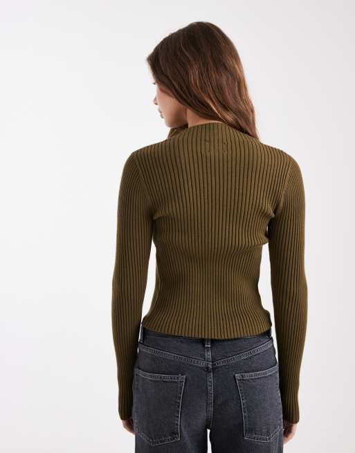 ASOS DESIGN knitted placement rib high neck top in olive