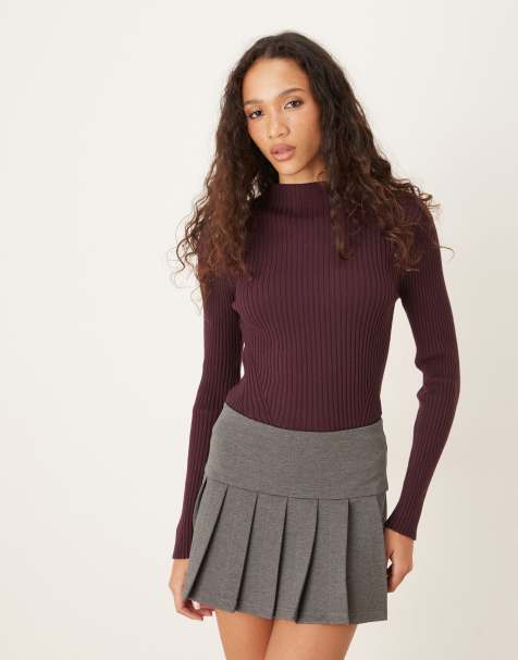 ASOS DESIGN knitted placement rib high neck top in plum - view 1