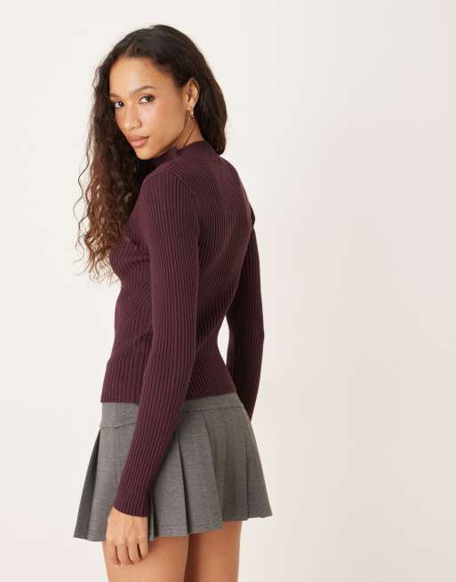 ASOS DESIGN knitted placement rib high neck top in plum