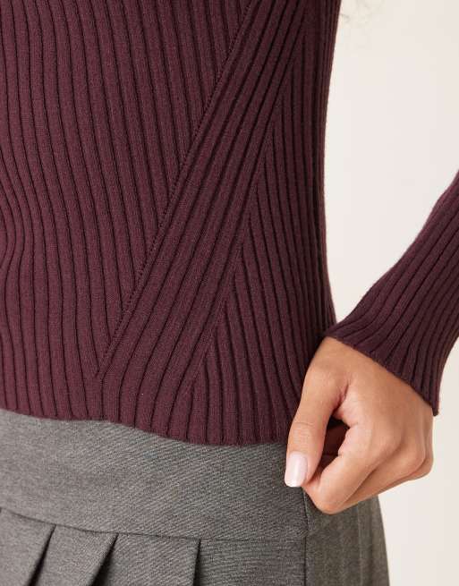 ASOS DESIGN knitted placement rib high neck top in plum
