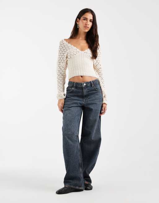 ASOS DESIGN knitted plunge cinch long sleeve top in cream, 2 of 4