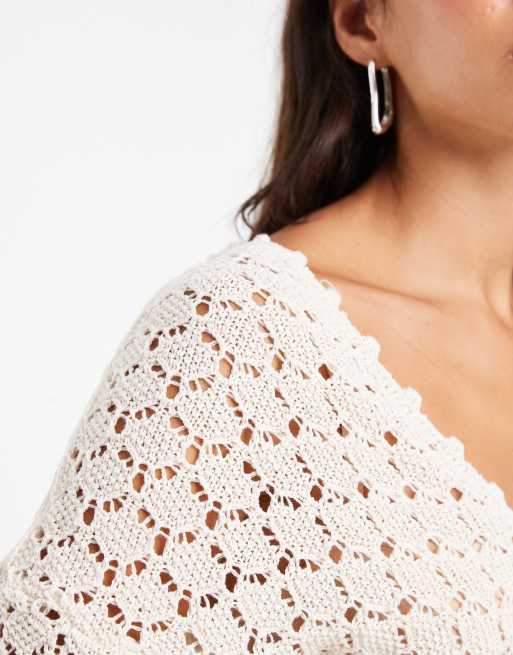 ASOS DESIGN knitted plunge cinch long sleeve top in cream, 3 of 4