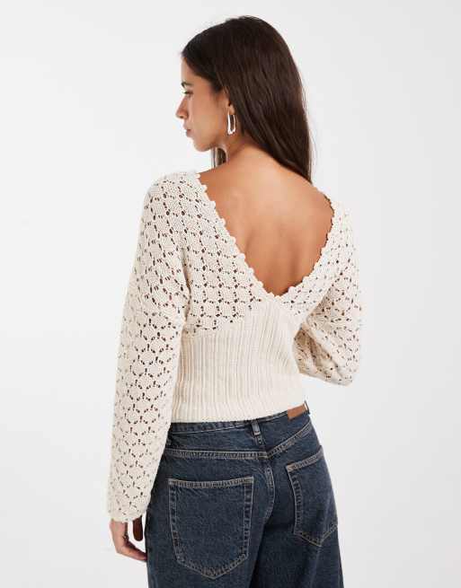 ASOS DESIGN knitted plunge cinch long sleeve top in cream, 4 of 4