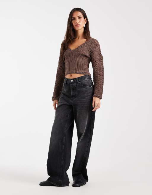 ASOS DESIGN knitted plunge cinch long sleeve top in mocha brown, 2 of 4