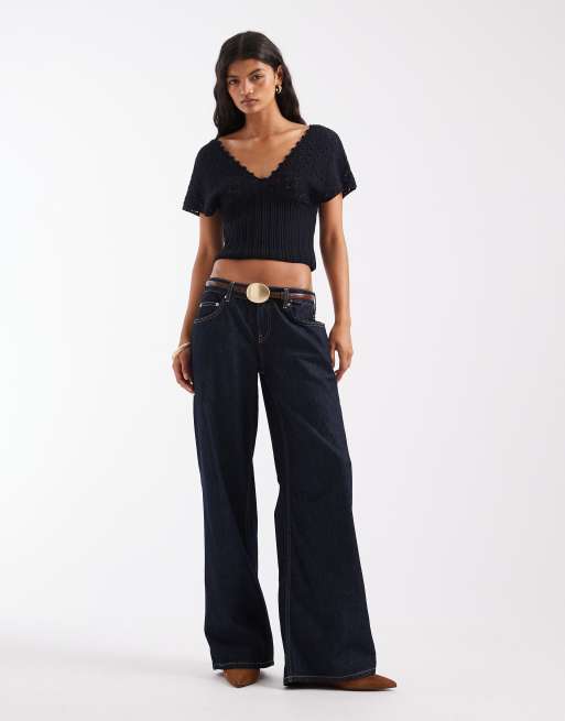ASOS DESIGN knitted plunge cinch top in navy, 3 of 4