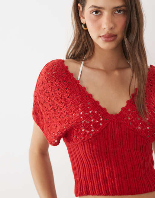 ASOS DESIGN knitted plunge cinch top in red, 2 of 4