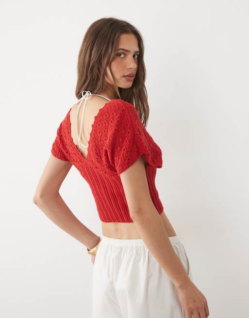ASOS DESIGN knitted plunge cinch top in red, 3 of 4