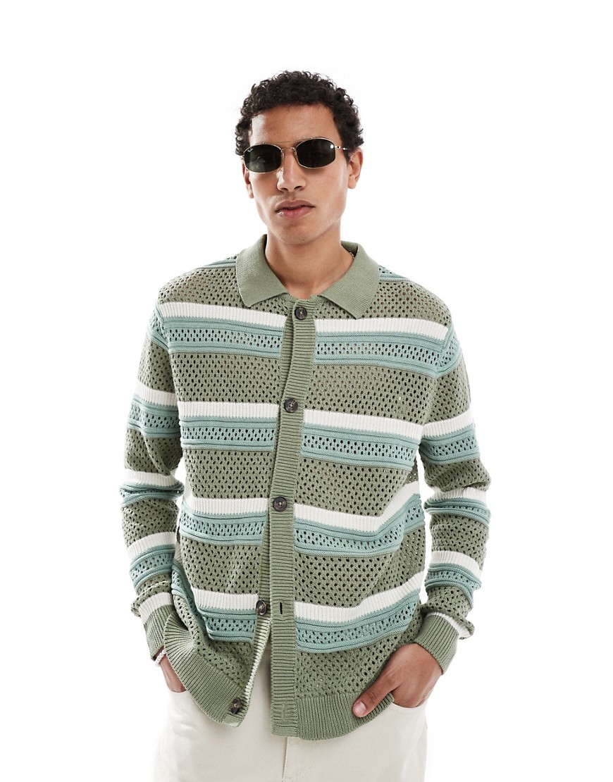 ASOS DESIGN knitted pointelle cardigan in green and white stripe