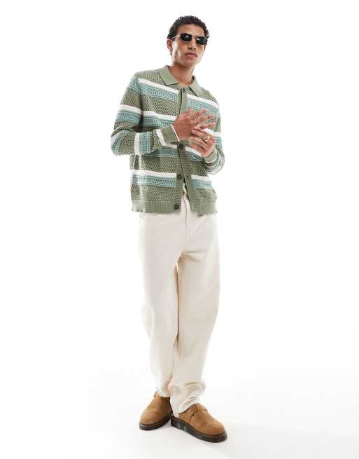 ASOS DESIGN knitted pointelle cardigan in green and white stripe, 2 of 4