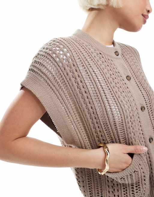 ASOS DESIGN knitted pointelle crew neck boxy waistcoat in taupe, 2 of 4