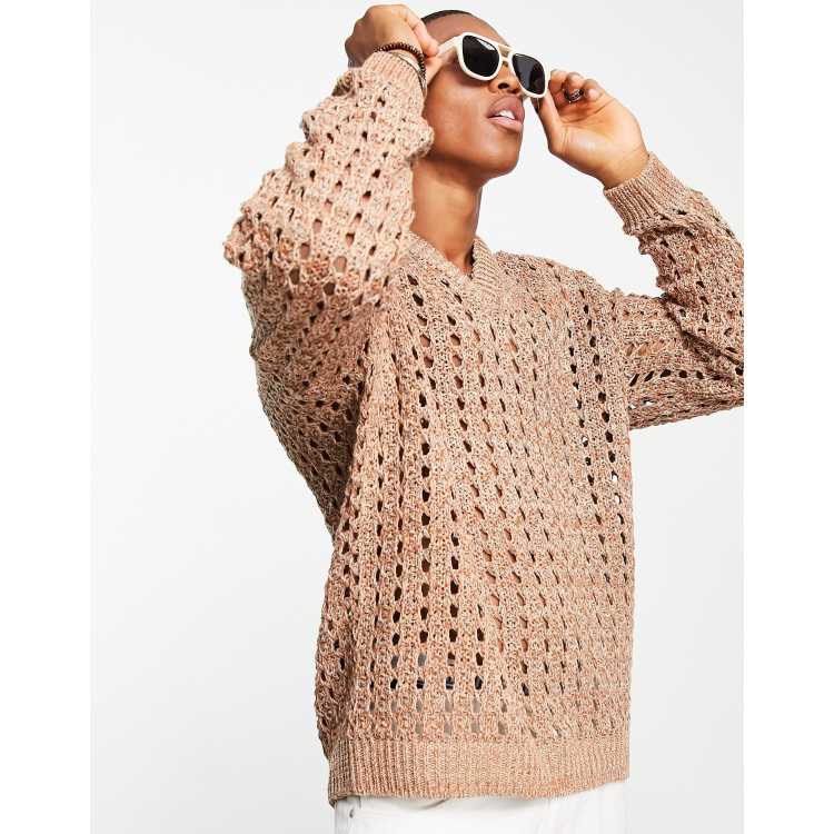 ASOS DESIGN knitted pointelle jumper in beige | ASOS