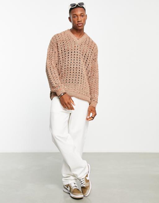 ASOS DESIGN knitted pointelle jumper in beige | ASOS