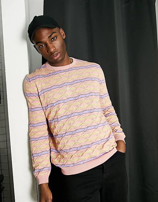 ASOS DESIGN knitted pointelle jumper with stripe design in pink