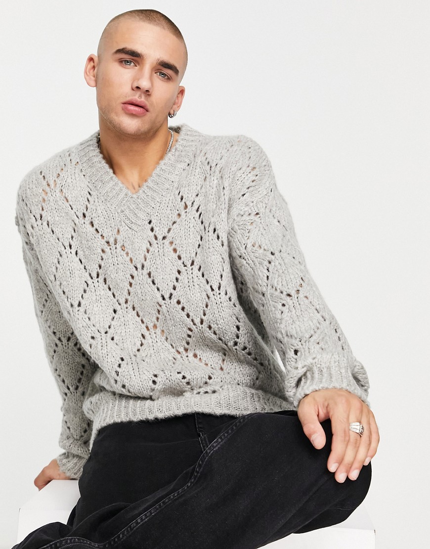 ASOS DESIGN knitted pointelle jumper with v-neck in grey