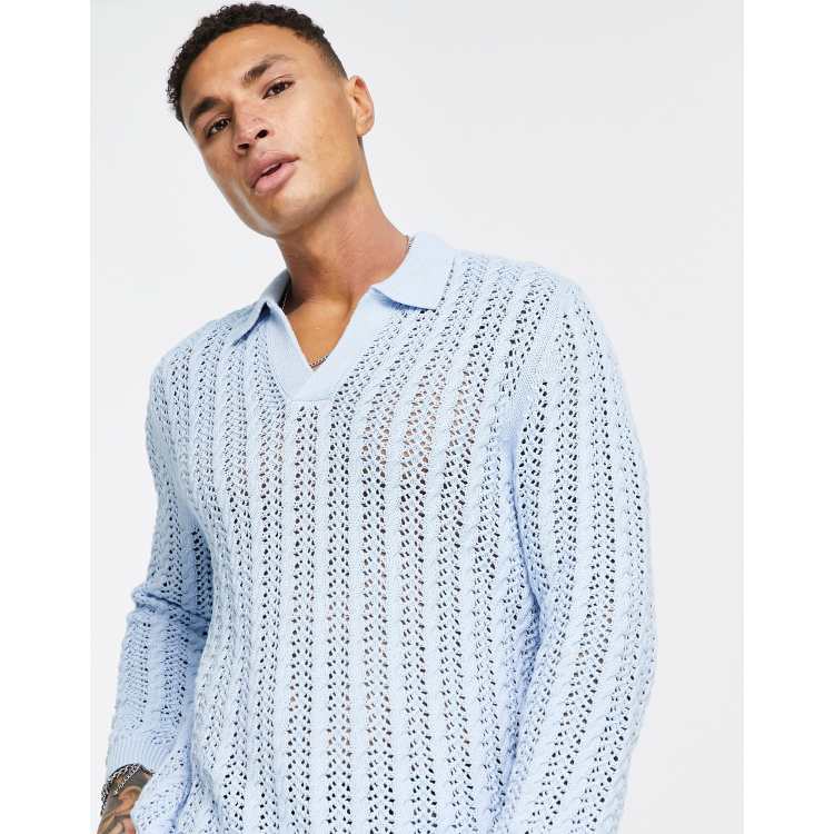 ASOS DESIGN knitted pointelle notch neck polo jumper in light blue