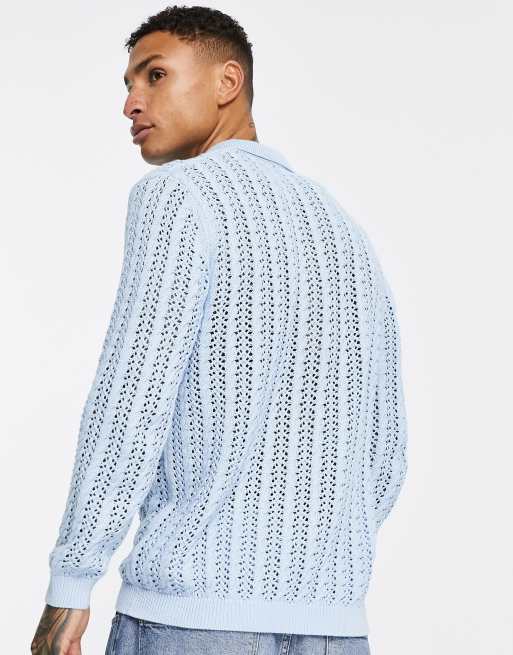 ASOS DESIGN knitted pointelle notch neck polo jumper in light blue