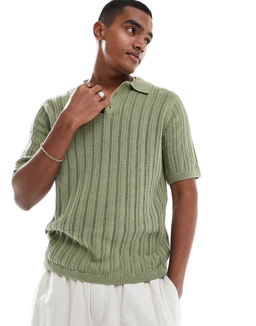ASOS DESIGN knitted pointelle polo in khaki-Green