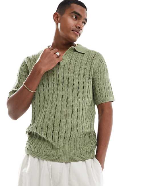 ASOS DESIGN relaxed knitted pointelle button through polo in stone