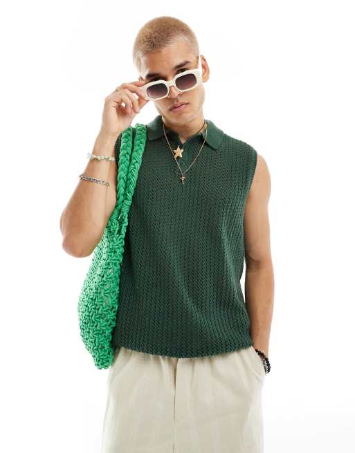 ASOS DESIGN knitted pointelle polo singlet in green