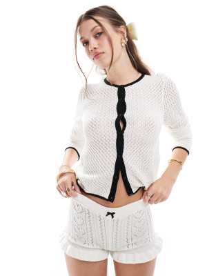 Asos Design Knitted Pointelle Stitch Cardigan With Tipping Detail In Cream-white