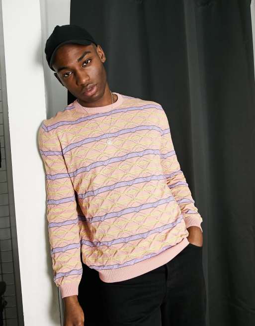 ASOS DESIGN knitted pointelle sweater with stripe design in pink ASOS