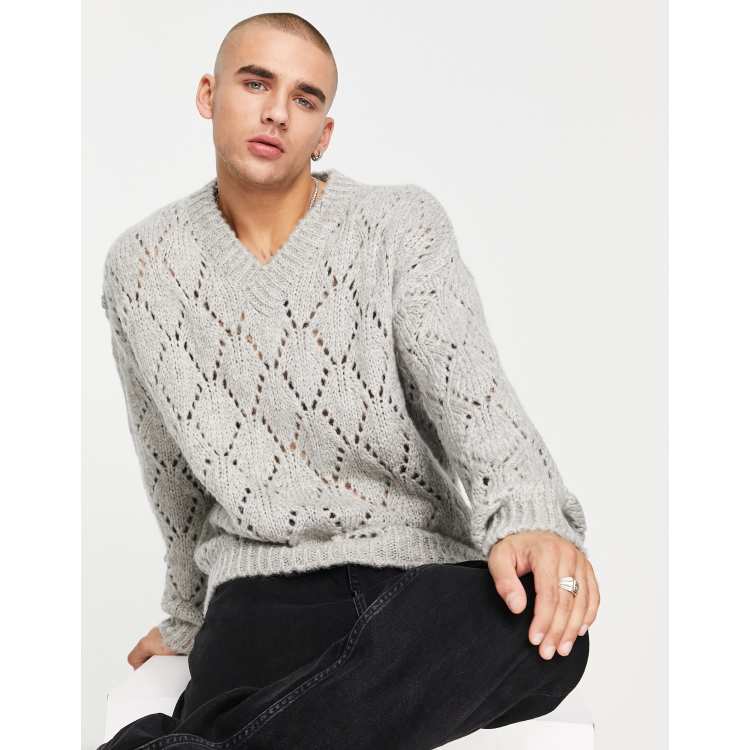 ASOS DESIGN knitted pointelle sweater with v-neck in gray