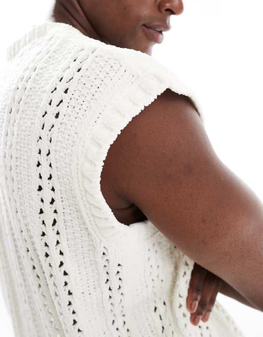 ASOS DESIGN knitted pointelle v neck vest in white, 4 of 4