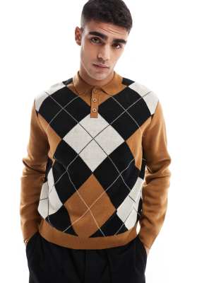 ASOS DESIGN knitted polo jumper with argyle pattern in brown-Multi