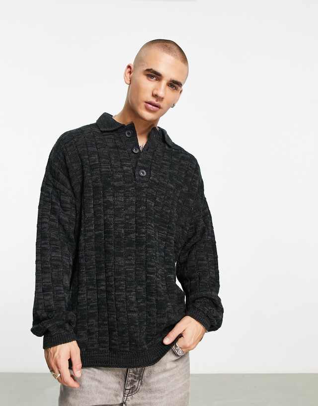 ASOS DESIGN - knitted polo jumper with basket stitch in grey