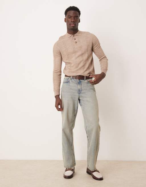 ASOS DESIGN knitted polo jumper with cable stripes in stone ASOS