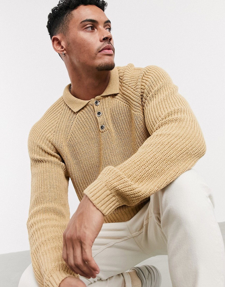 ASOS DESIGN knitted polo neck jumper in beige-Tan