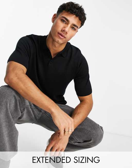 ASOS Knitted Ribbed Polo Shirt in Black for Men