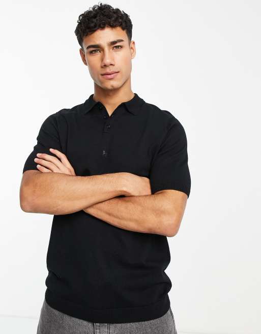 ASOS DESIGN knitted ribbed polo shirt in black