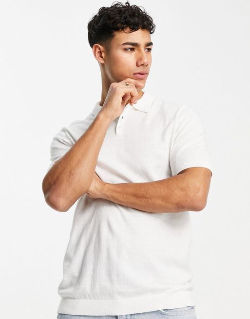 ASOS DESIGN knitted ribbed polo shirt in white